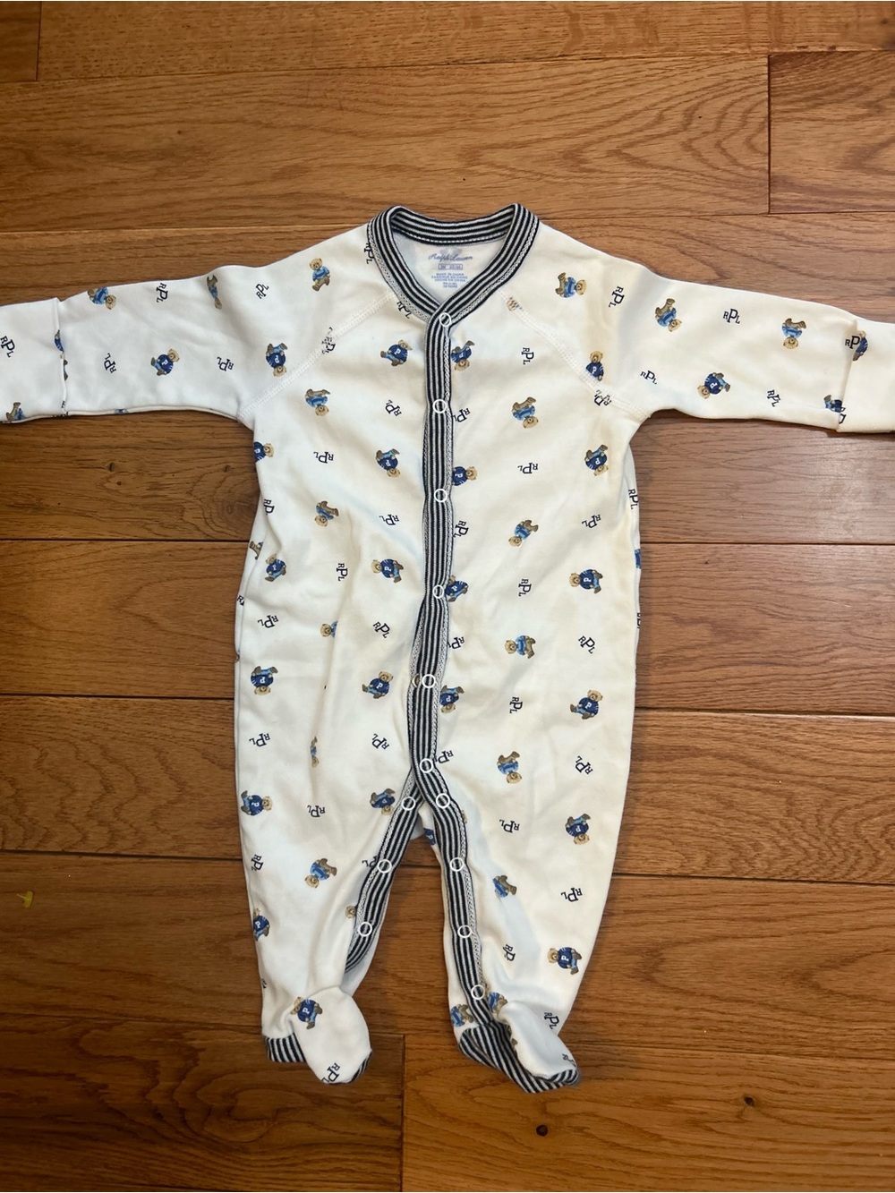 Ralph Lauren Baby 3M Polo Bear Footed Sleeper Cream Blue RPL One Piece